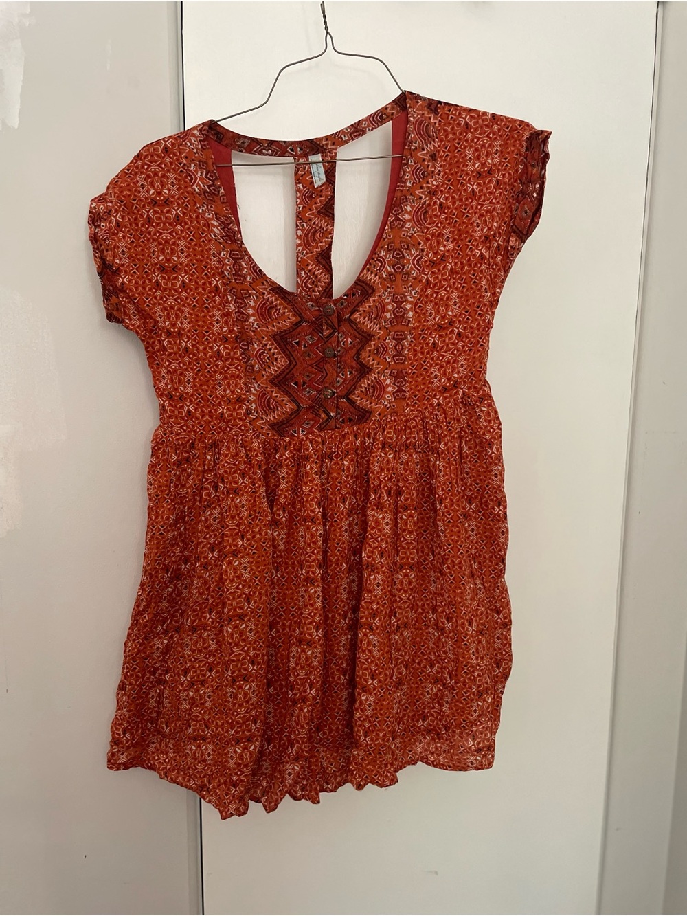 Free People Rust Orange Printed Mini Dress with V-Neck Embroidery